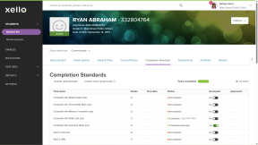 Educator account in Xello. A student's profile is open to the Completion Standards tab with the student's assigned tasks. A progress bar indicates that a few tasks are completed